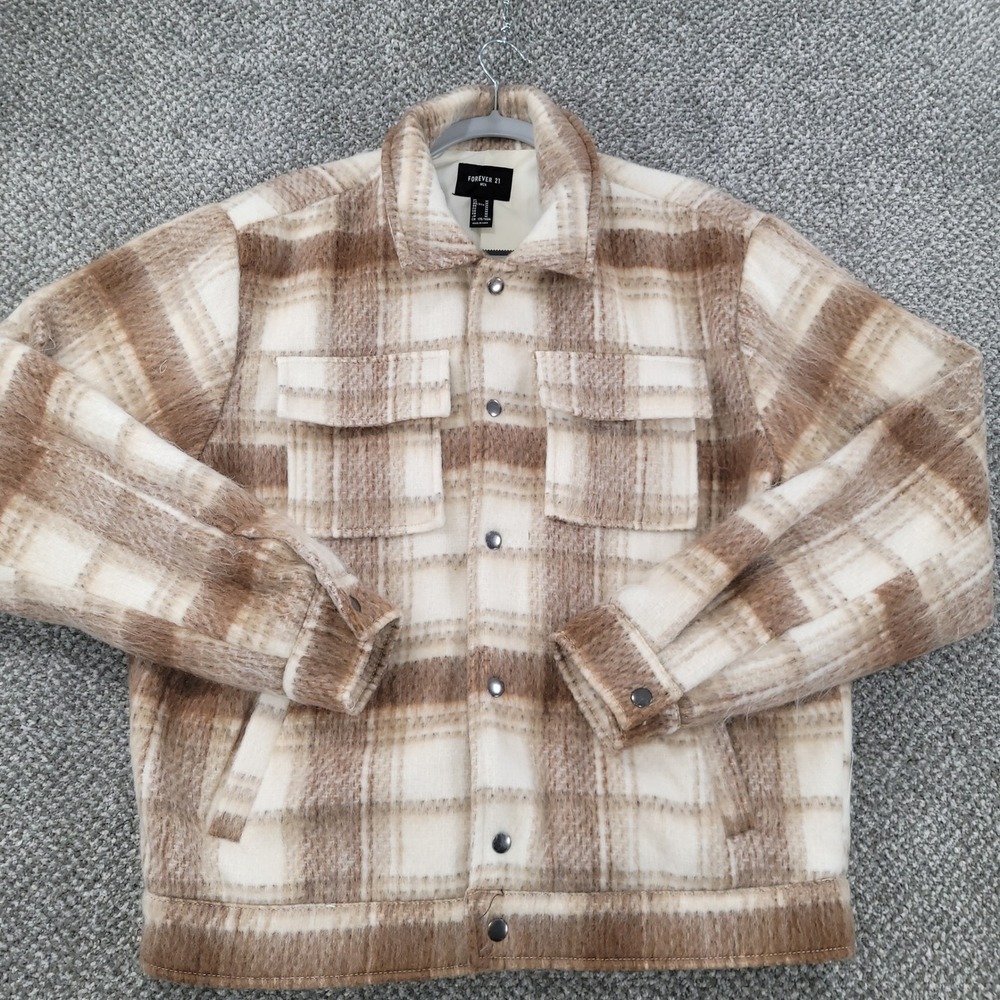 Forever 21 Men Brown Plaid Wool Blend Snap Front Shacket Jacket Size M NEW NWT